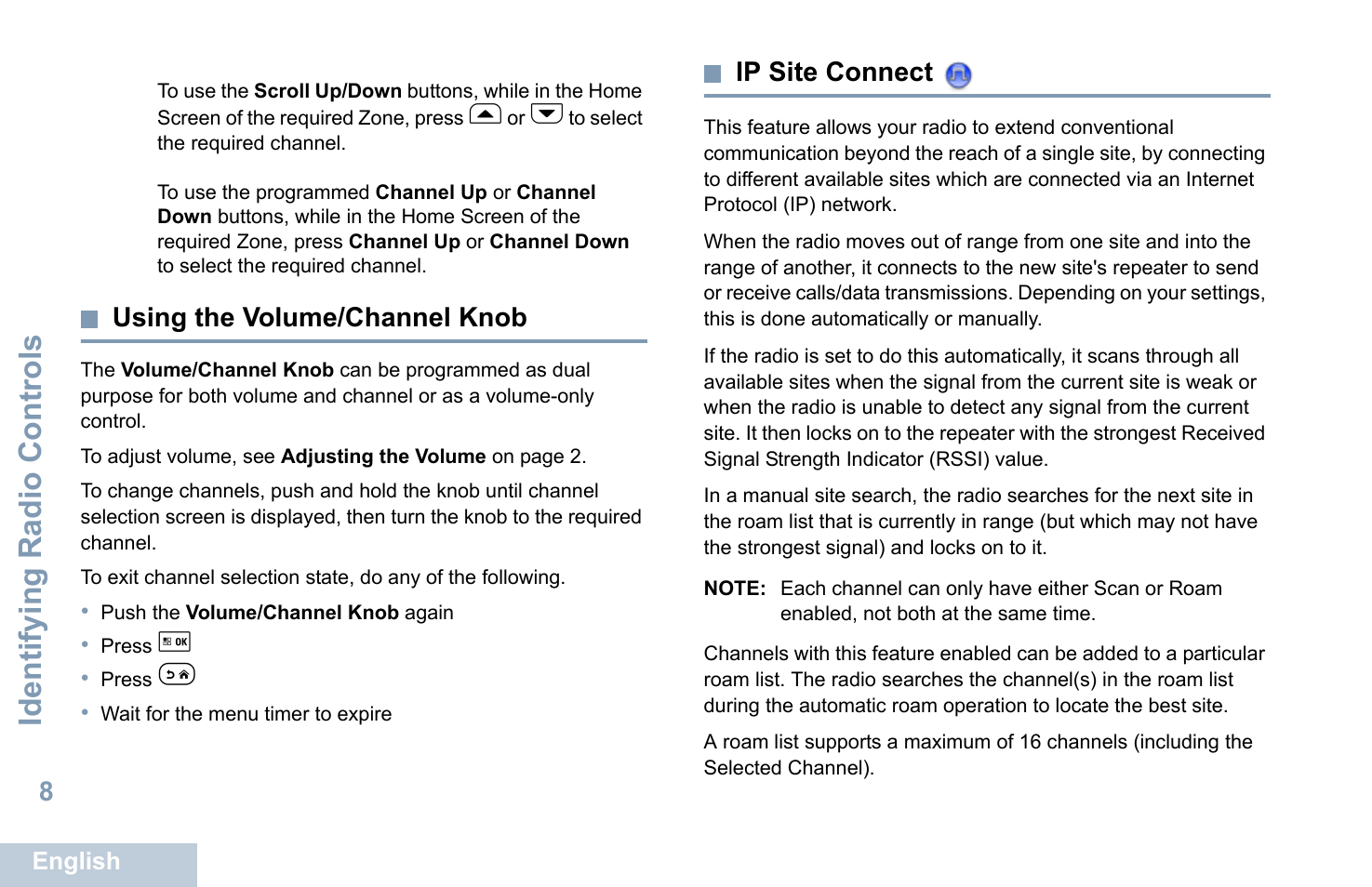 Using the volume/channel knob, Ip site connect, Using the volume/channel knob ip site connect | Identifying radio controls | Motorola XPR 5550 User Manual | Page 20 / 118
