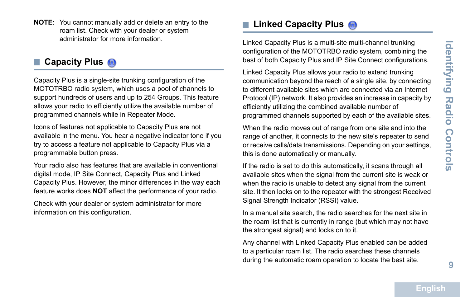 Capacity plus, Linked capacity plus, Capacity plus linked capacity plus | See linked capacity plus, Identifying radio controls | Motorola XPR 5550 User Manual | Page 21 / 118