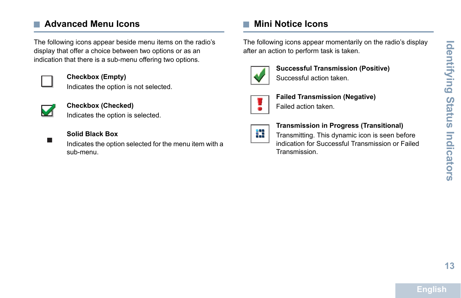 Advanced menu icons, Mini notice icons, Advanced menu icons mini notice icons | Identifying s tatus indicators | Motorola XPR 5550 User Manual | Page 25 / 118