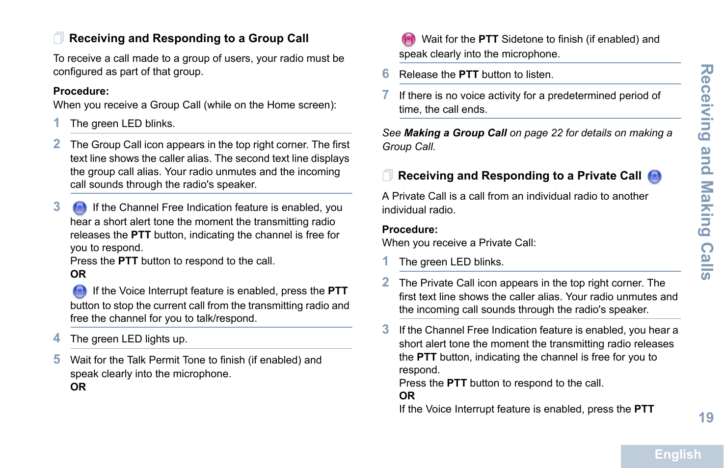 Receiving and responding to a group call, Receiving and responding to a private call, Receiving and making calls | Motorola XPR 5550 User Manual | Page 31 / 118