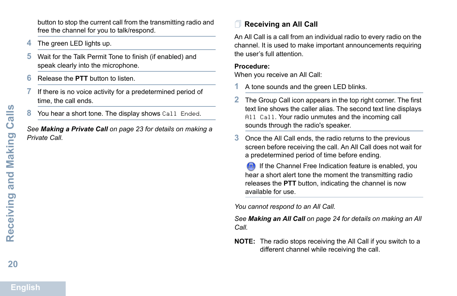 Receiving an all call, Receiving and making calls | Motorola XPR 5550 User Manual | Page 32 / 118