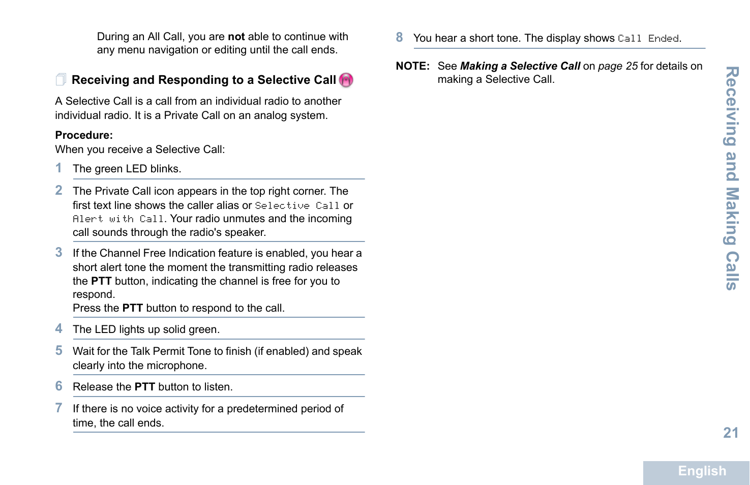 Receiving and responding to a selective call, Receiving and making calls | Motorola XPR 5550 User Manual | Page 33 / 118