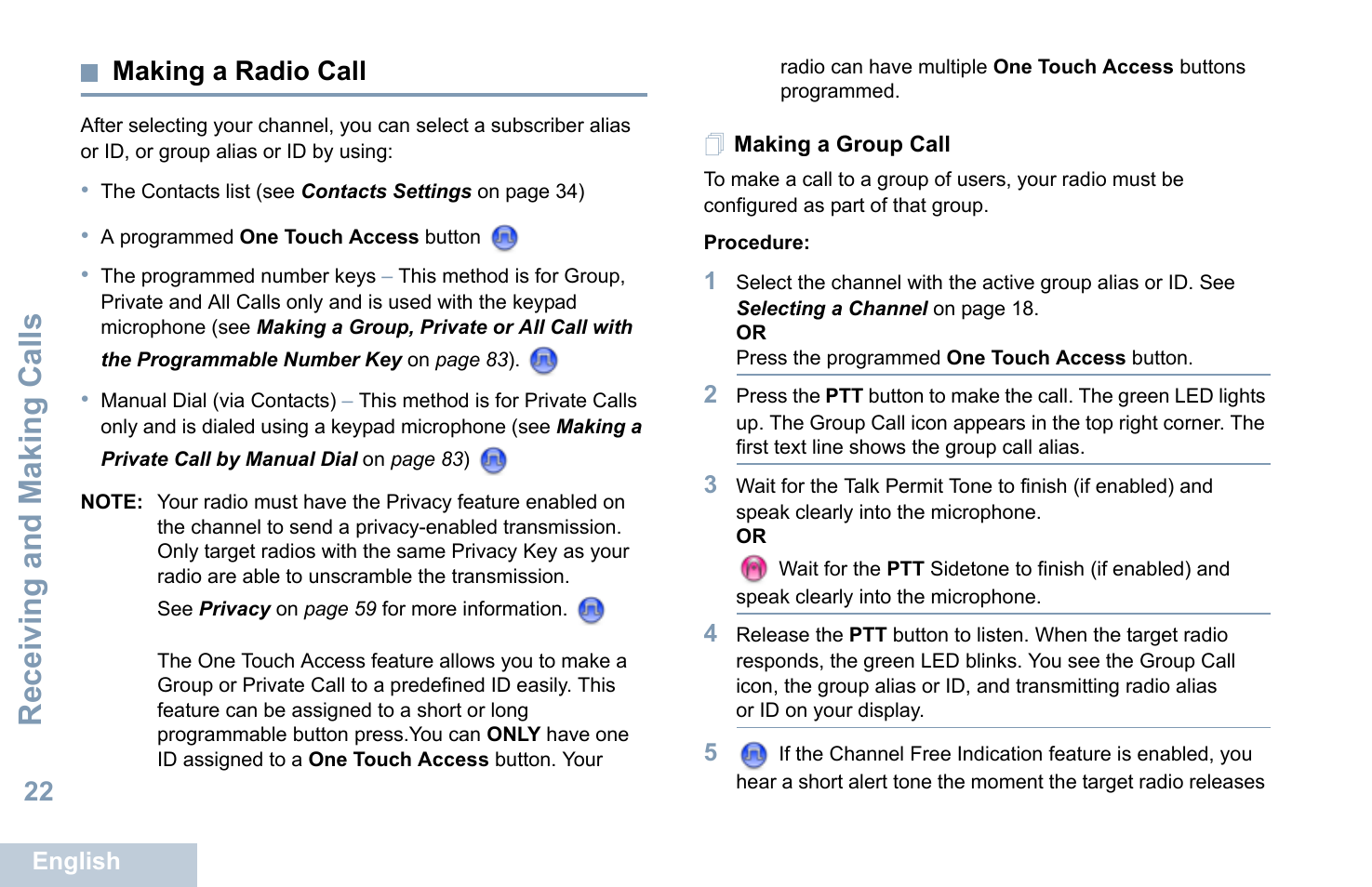 Making a radio call, Making a group call, Receiving and making calls | 22 making a radio call | Motorola XPR 5550 User Manual | Page 34 / 118