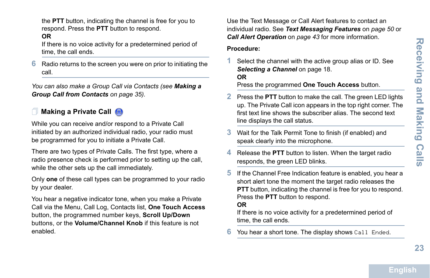 Making a private call, Receiving and making calls | Motorola XPR 5550 User Manual | Page 35 / 118