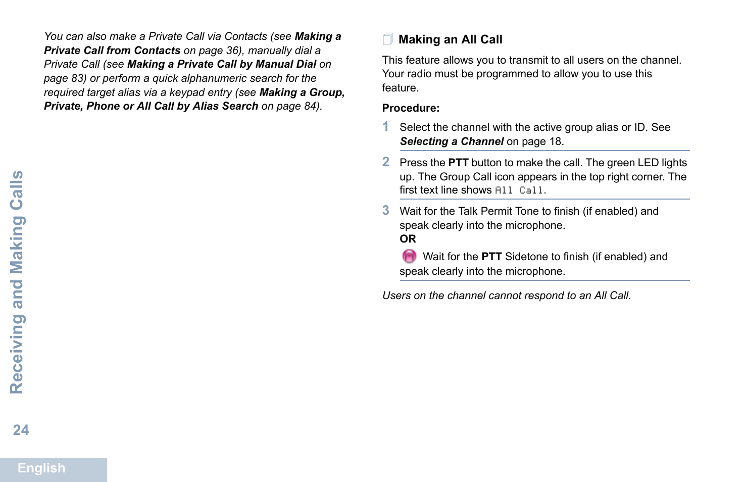 Making an all call, Receiving and making calls | Motorola XPR 5550 User Manual | Page 36 / 118