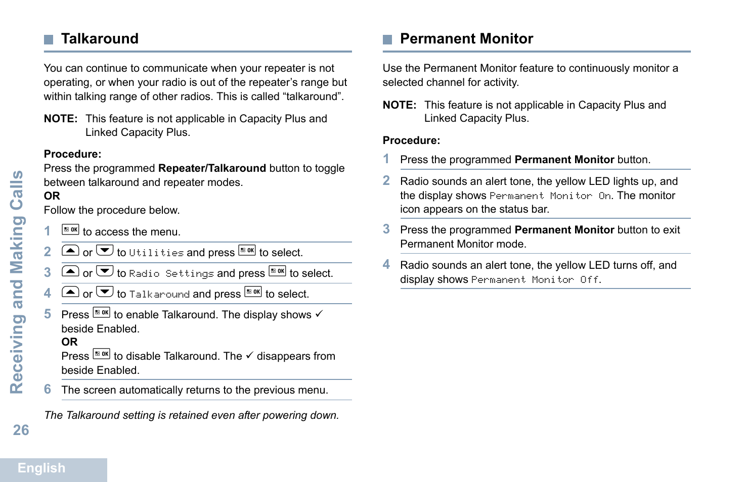 Talkaround, Permanent monitor, Talkaround permanent monitor | Receiving and making calls, 26 talkaround | Motorola XPR 5550 User Manual | Page 38 / 118