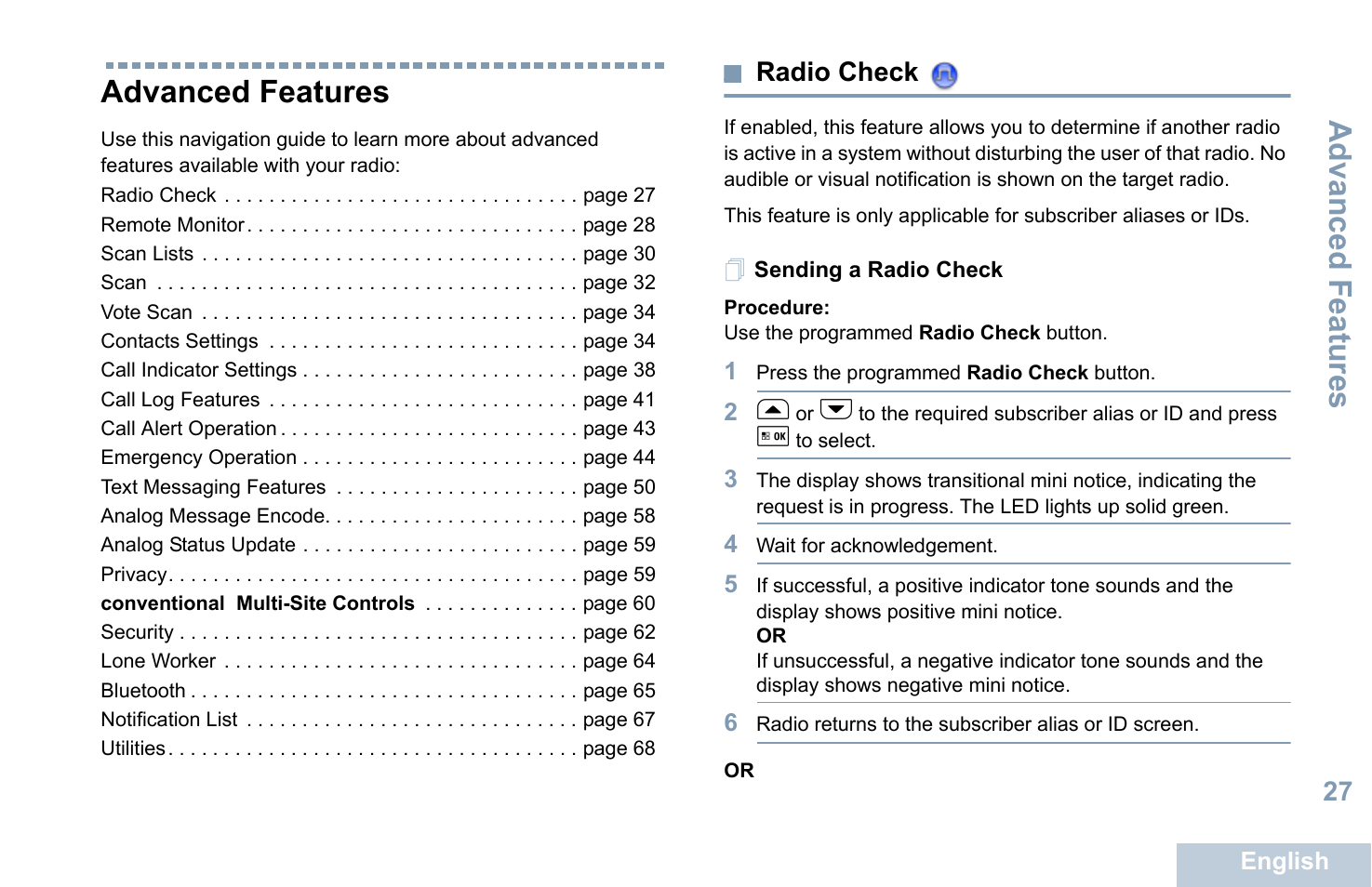 Advanced features, Radio check, Sending a radio check | Motorola XPR 5550 User Manual | Page 39 / 118