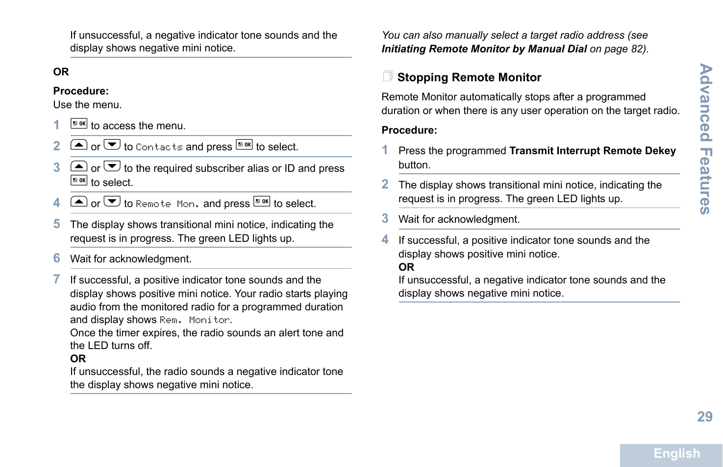 Stopping remote monitor, Advanced features | Motorola XPR 5550 User Manual | Page 41 / 118