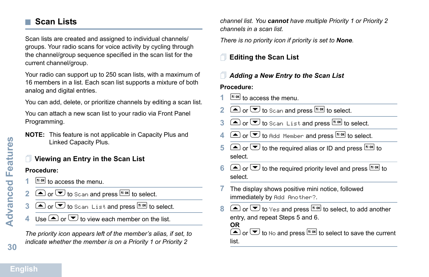 Scan lists, Viewing an entry in the scan list, Editing the scan list | Adding a new entry to the scan list, Advanced features, 30 scan lists | Motorola XPR 5550 User Manual | Page 42 / 118