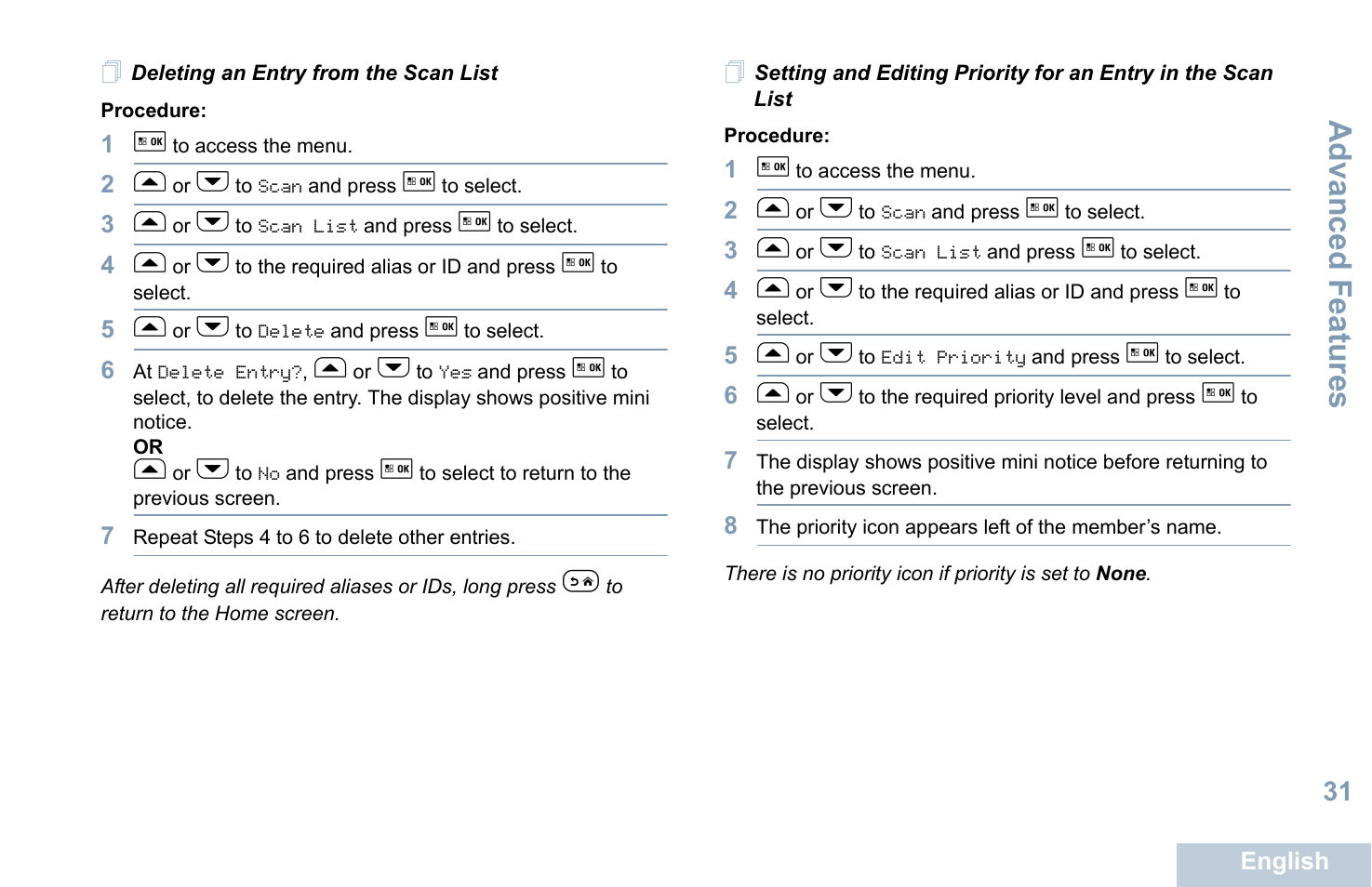 Deleting an entry from the scan list, Advanced features | Motorola XPR 5550 User Manual | Page 43 / 118
