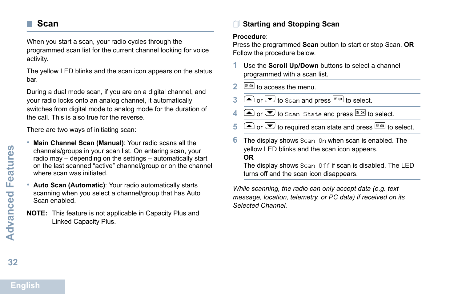 Scan, Starting and stopping scan, Advanced features | 32 scan | Motorola XPR 5550 User Manual | Page 44 / 118