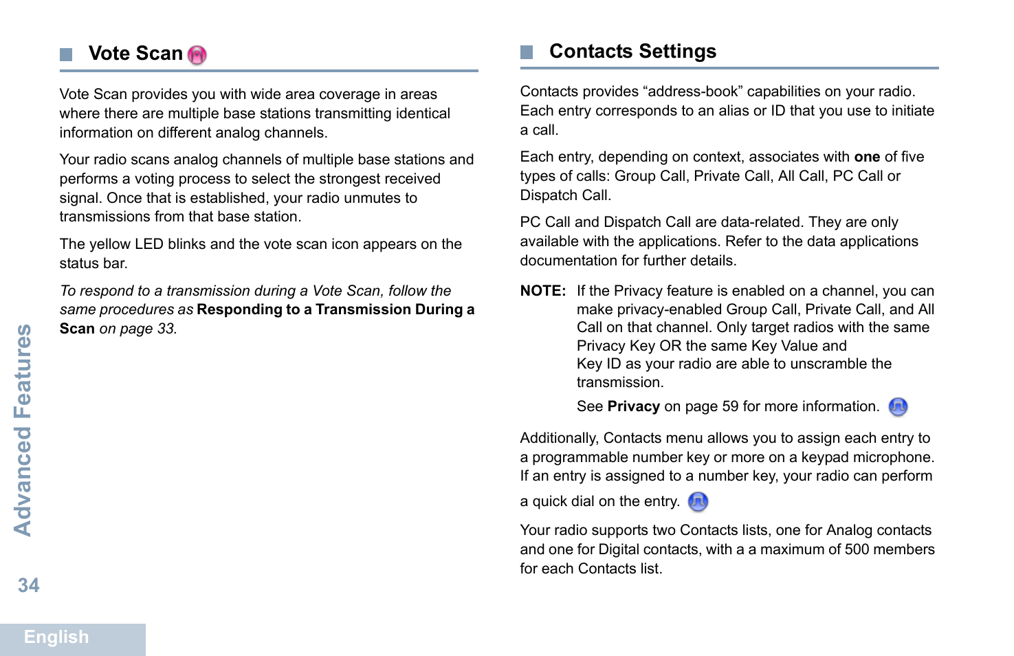 Vote scan, Contacts settings, Vote scan contacts settings | Advanced features | Motorola XPR 5550 User Manual | Page 46 / 118