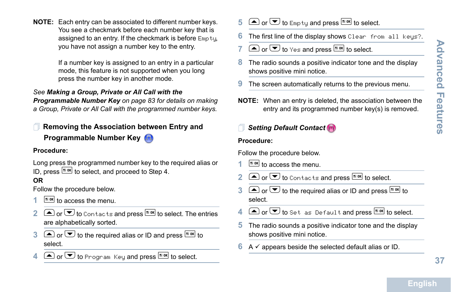 Setting default contact, Advanced features | Motorola XPR 5550 User Manual | Page 49 / 118