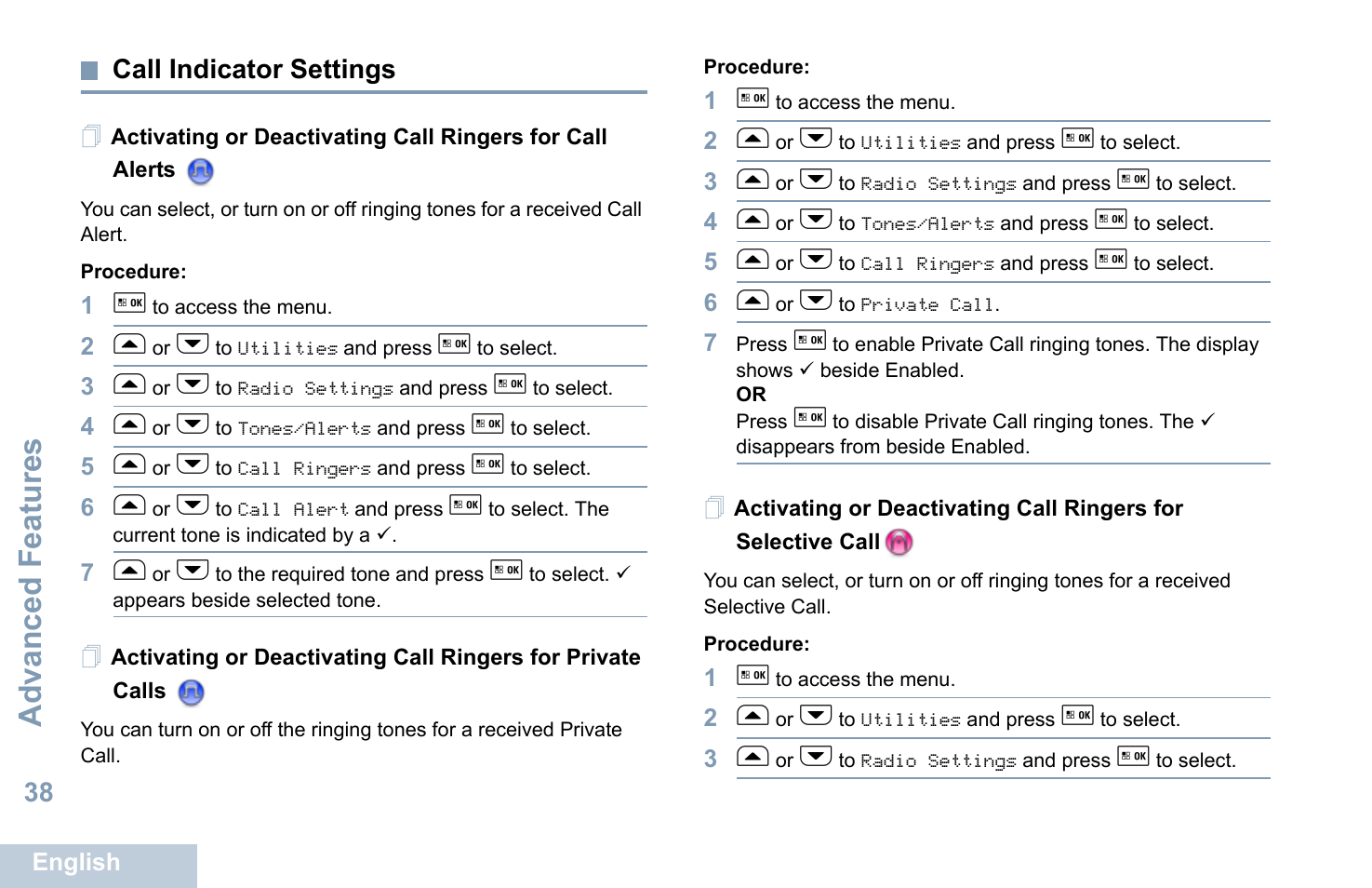 Call indicator settings, Advanced features, 38 call indicator settings | Motorola XPR 5550 User Manual | Page 50 / 118