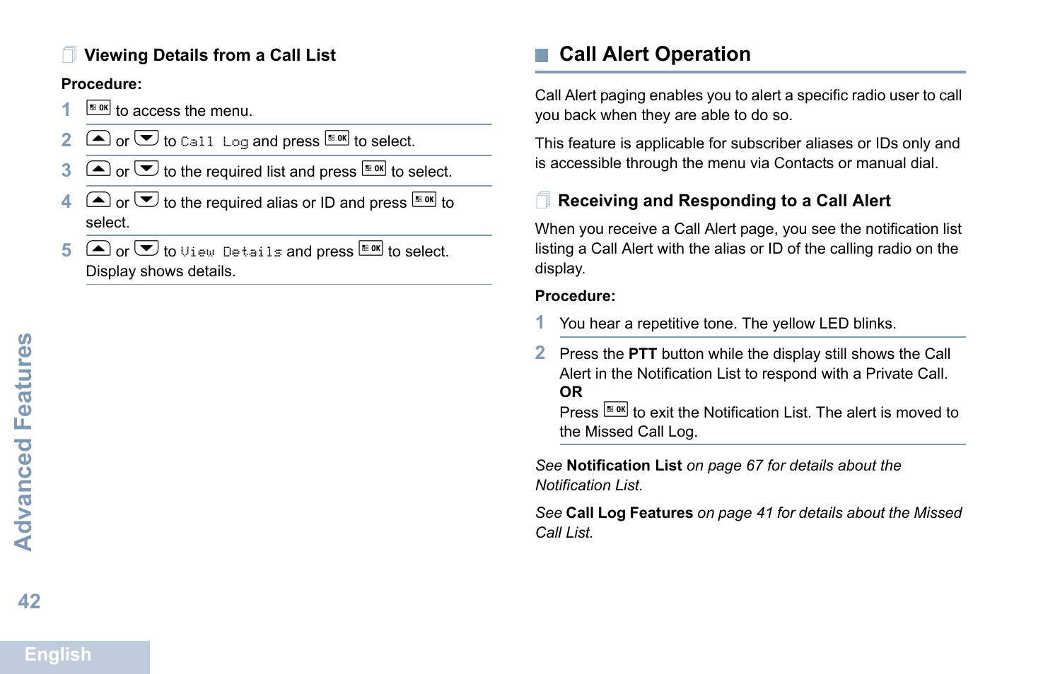 Call alert operation, Receiving and responding to a call alert, Advanced features | Motorola XPR 5550 User Manual | Page 54 / 118