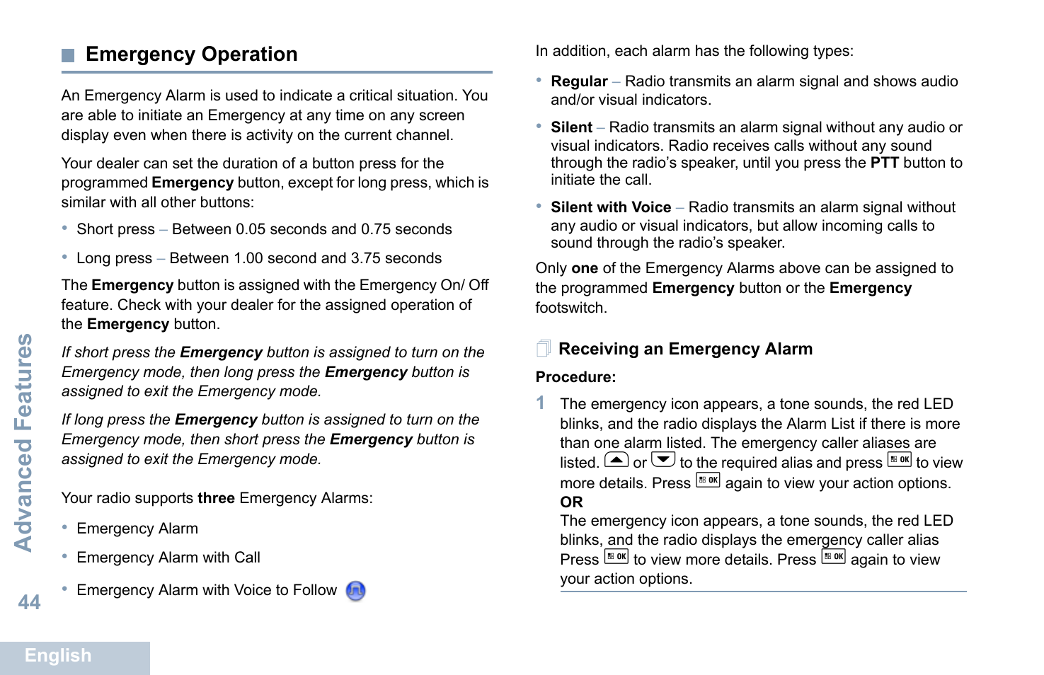 Emergency operation, Receiving an emergency alarm, Advanced features | 44 emergency operation | Motorola XPR 5550 User Manual | Page 56 / 118