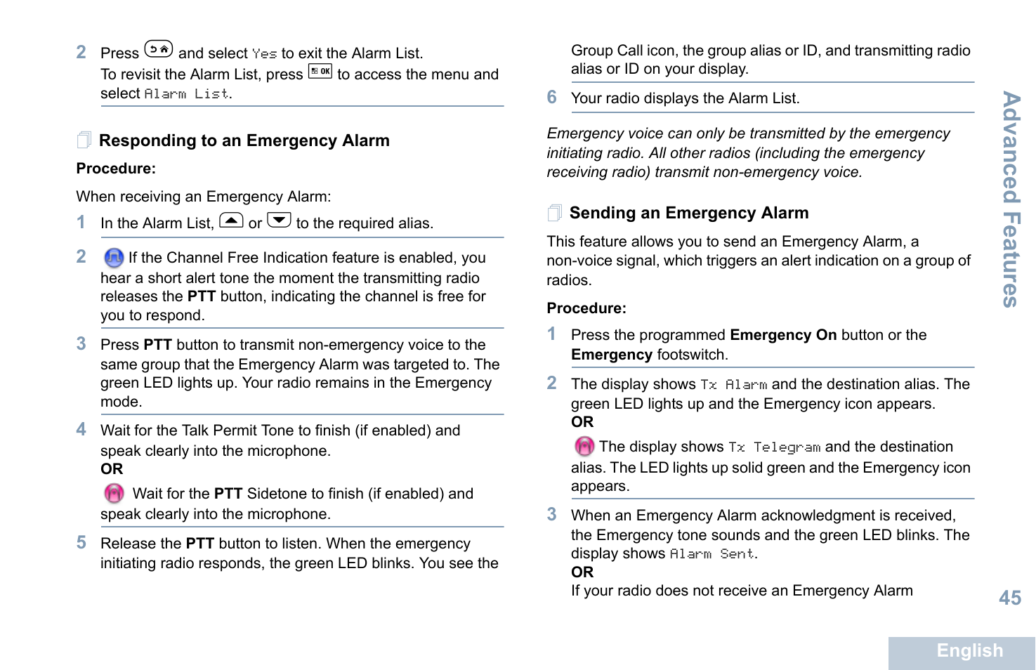 Responding to an emergency alarm, Sending an emergency alarm, Advanced features | Motorola XPR 5550 User Manual | Page 57 / 118
