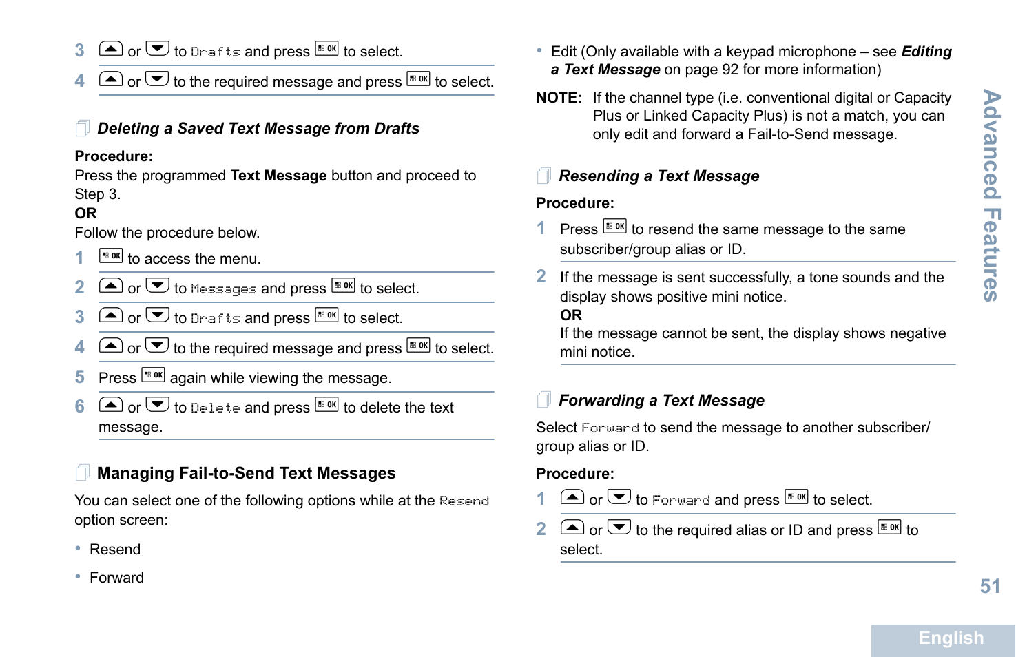 Deleting a saved text message from drafts, Managing fail-to-send text messages, Resending a text message | Forwarding a text message, Resending a text message forwarding a text message, Managing fail-to-send text, Messages, Advanced features | Motorola XPR 5550 User Manual | Page 63 / 118