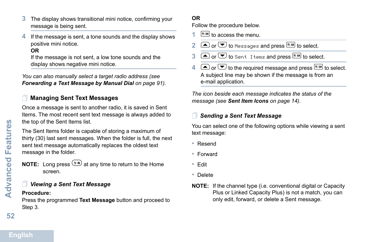 Managing sent text messages, Viewing a sent text message, Sending a sent text message | Advanced features | Motorola XPR 5550 User Manual | Page 64 / 118