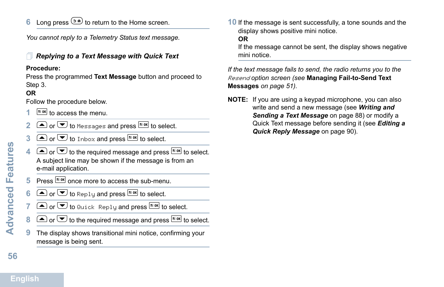 Replying to a text message with quick text, Advanced features | Motorola XPR 5550 User Manual | Page 68 / 118
