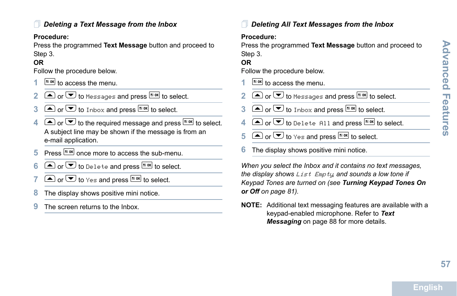 Deleting a text message from the inbox, Deleting all text messages from the inbox, Advanced features | Motorola XPR 5550 User Manual | Page 69 / 118