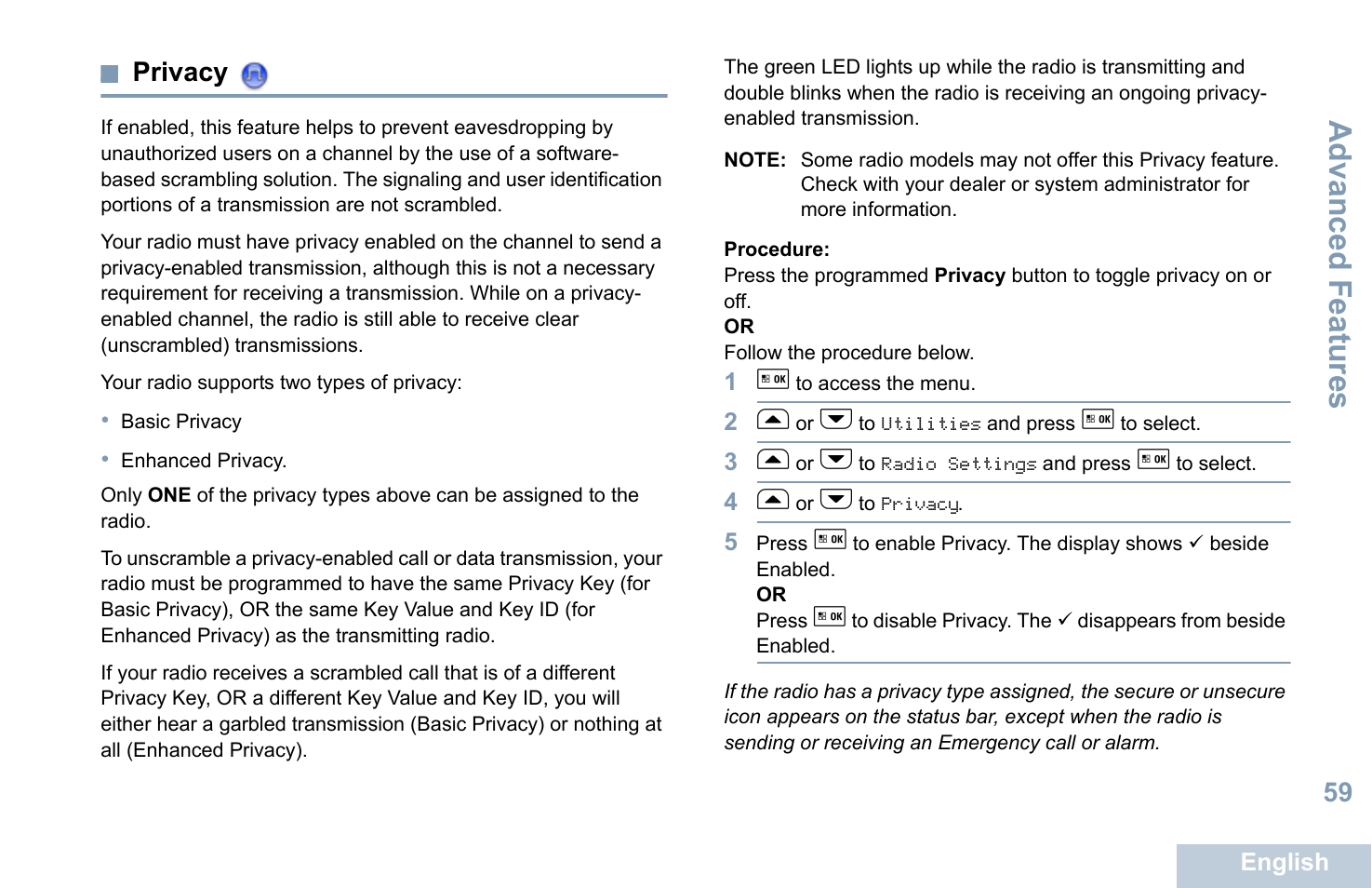 Privacy, Advanced features, 59 privacy | Motorola XPR 5550 User Manual | Page 71 / 118