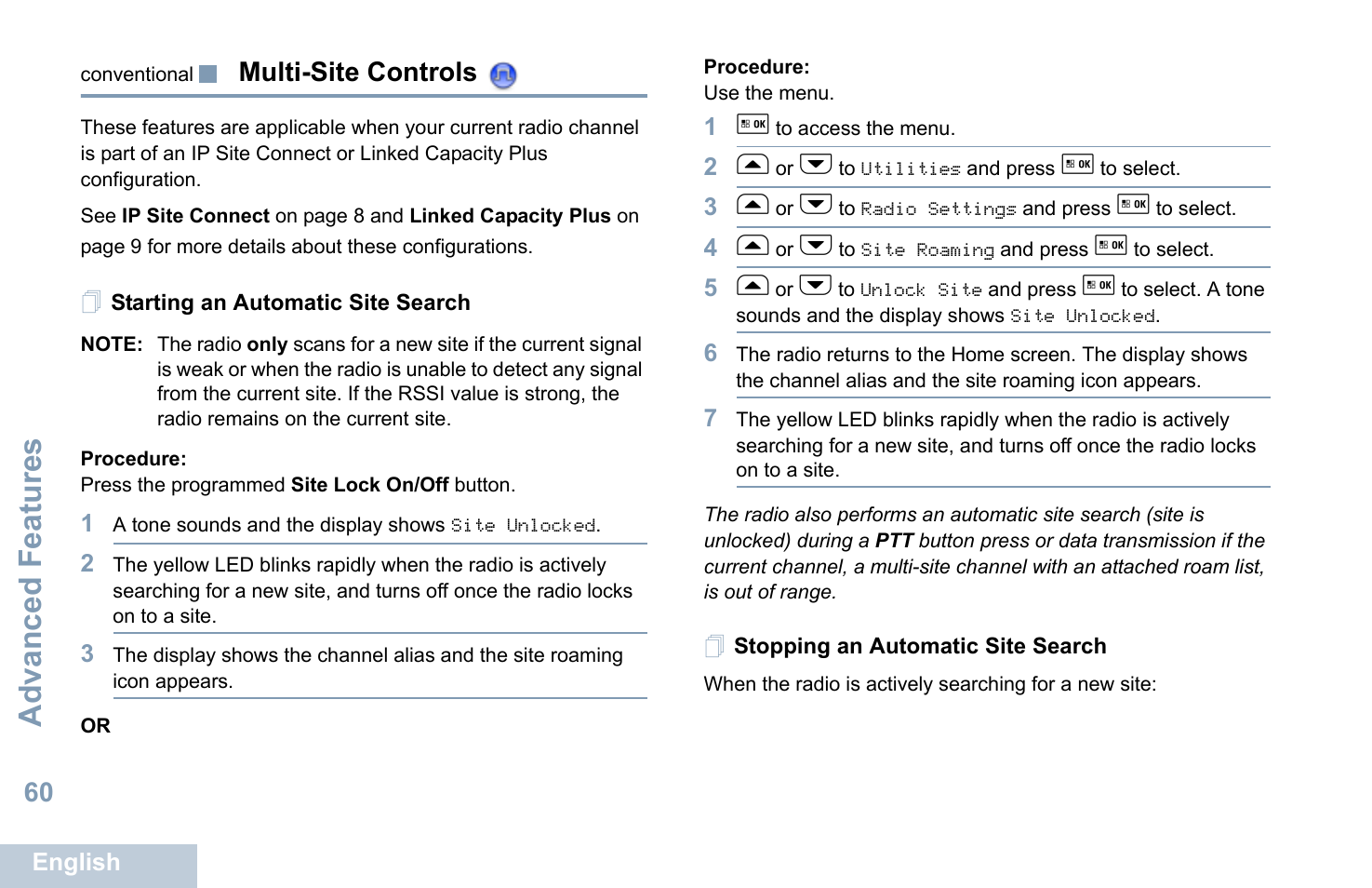 Conventional multi-site controls, Starting an automatic site search, Stopping an automatic site search | Advanced features, Multi-site controls | Motorola XPR 5550 User Manual | Page 72 / 118
