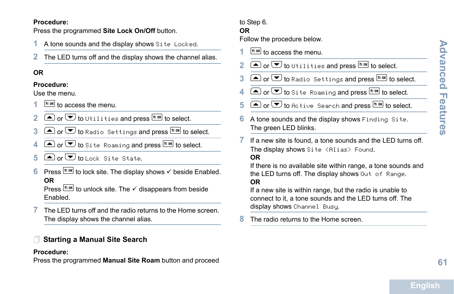 Starting a manual site search, Advanced features | Motorola XPR 5550 User Manual | Page 73 / 118