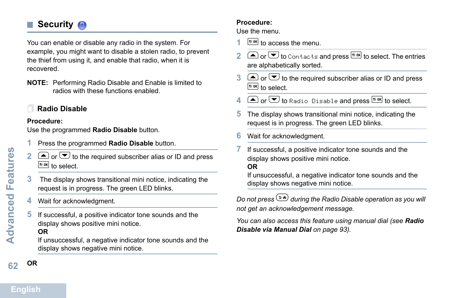 Security, Radio disable, Advanced features | 62 security | Motorola XPR 5550 User Manual | Page 74 / 118