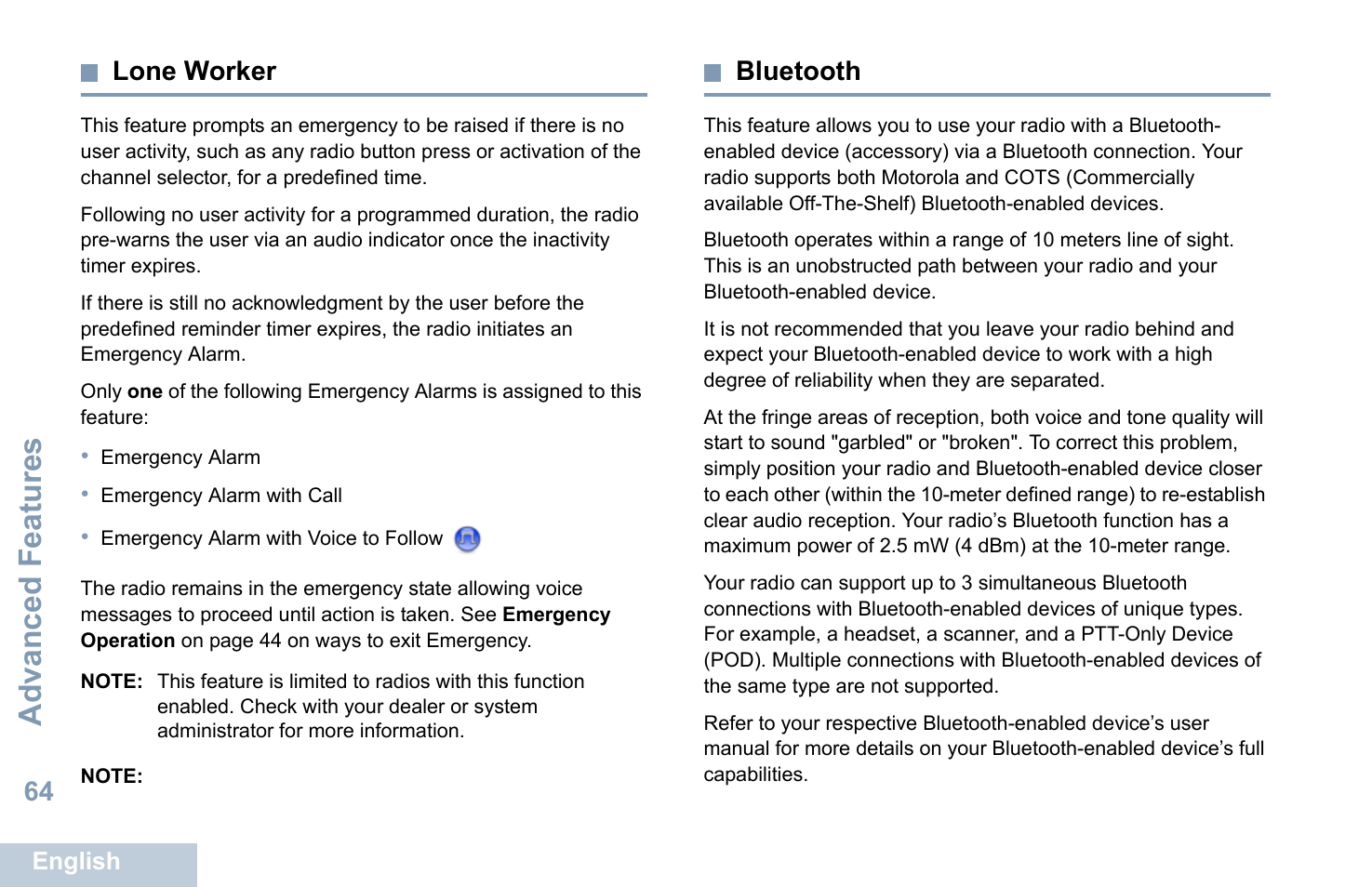 Lone worker, Bluetooth, Lone worker bluetooth | Advanced features, 64 lone worker | Motorola XPR 5550 User Manual | Page 76 / 118