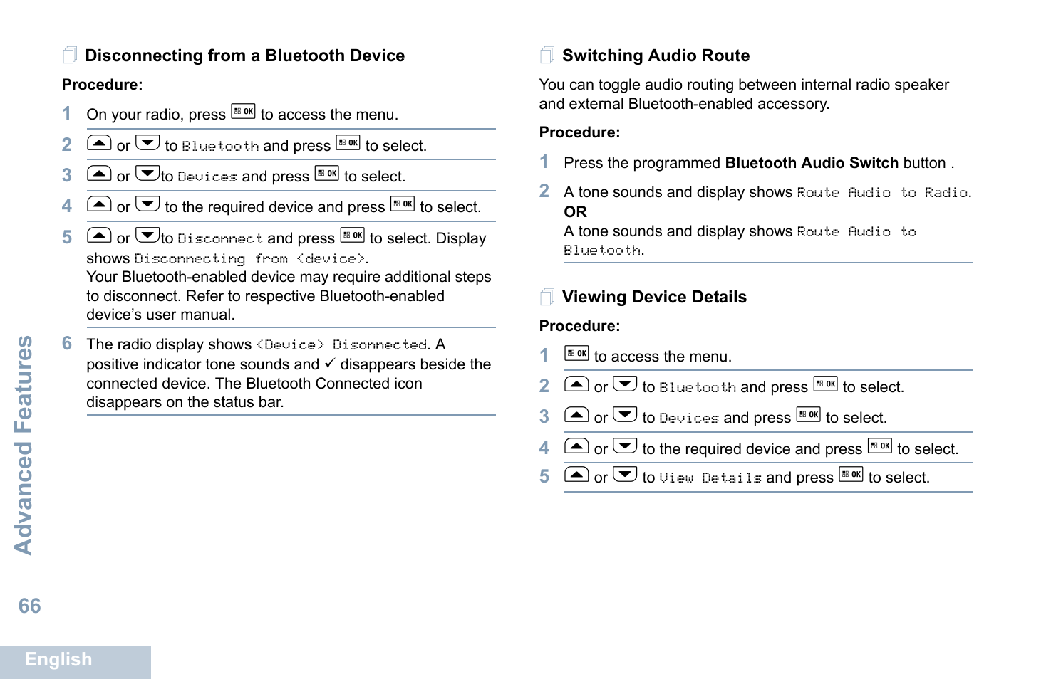 Disconnecting from a bluetooth device, Switching audio route, Viewing device details | Advanced features | Motorola XPR 5550 User Manual | Page 78 / 118