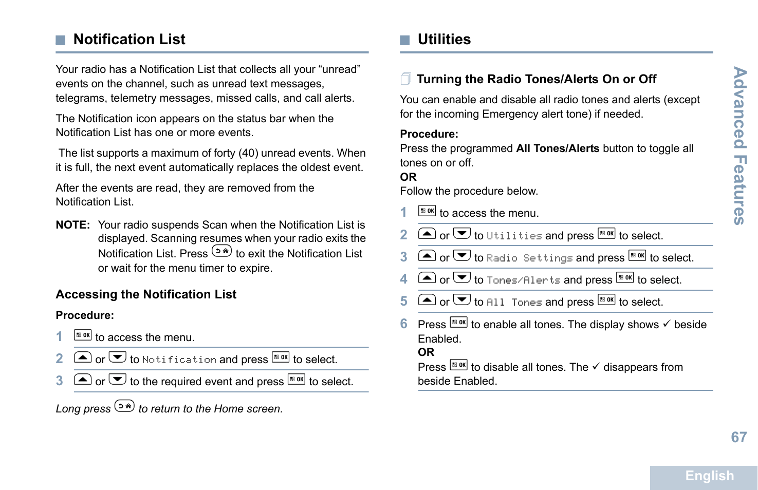 Notification list, Accessing the notification list, Utilities | Turning the radio tones/alerts on or off, Advanced features, 67 notification list | Motorola XPR 5550 User Manual | Page 79 / 118