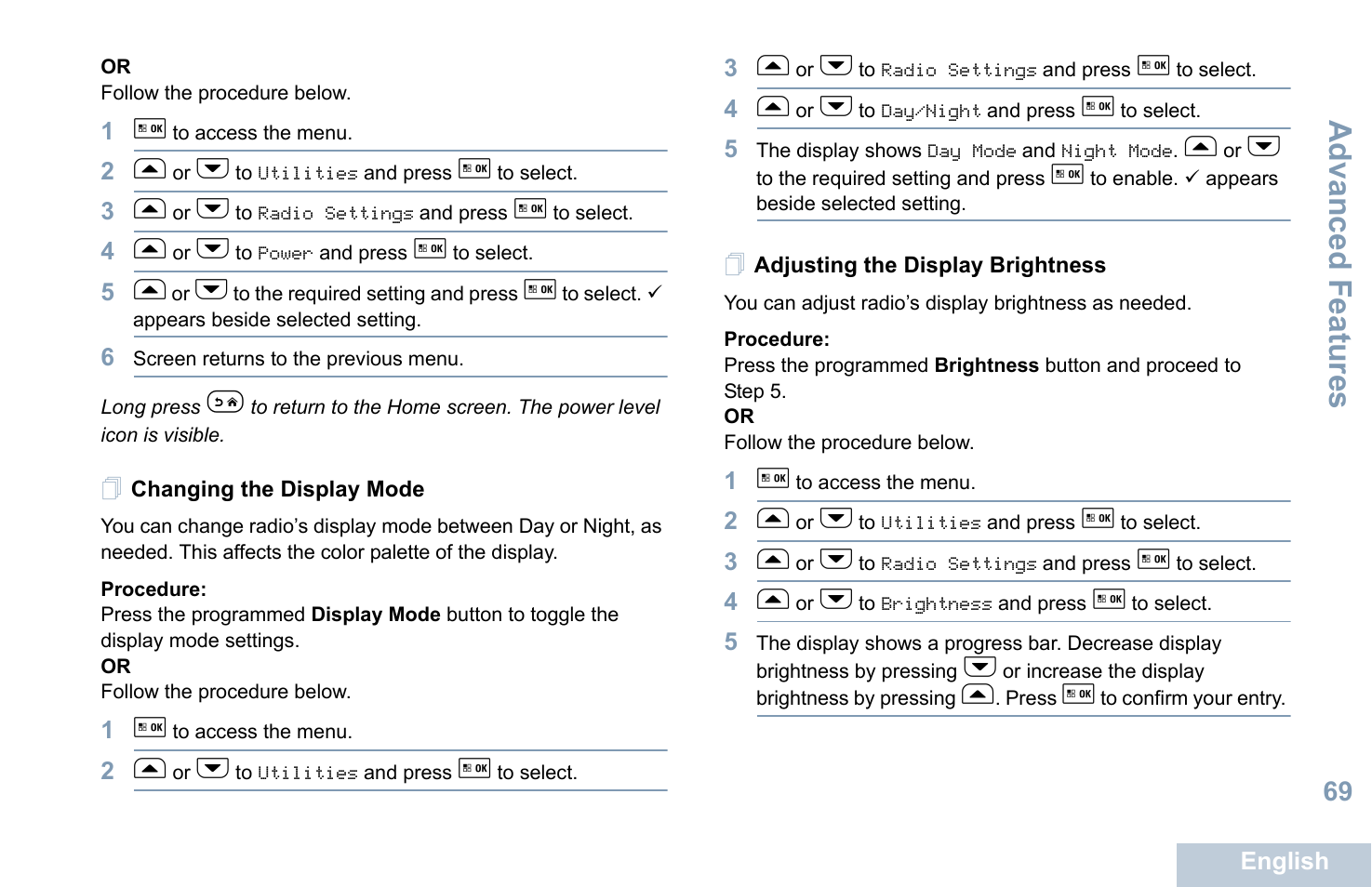Changing the display mode, Adjusting the display brightness, Advanced features | Motorola XPR 5550 User Manual | Page 81 / 118