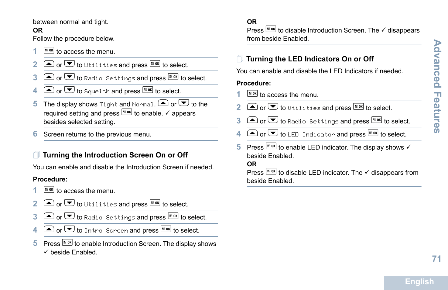 Turning the introduction screen on or off, Turning the led indicators on or off, Advanced features | Motorola XPR 5550 User Manual | Page 83 / 118