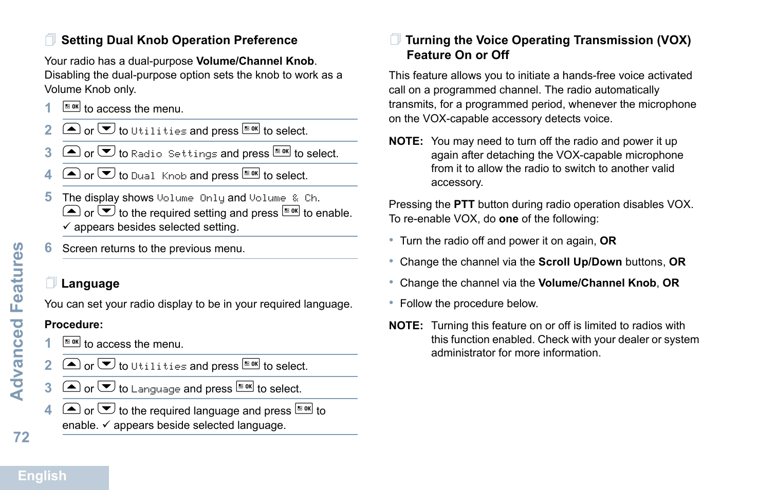 Setting dual knob operation preference, Language, Advanced features | Motorola XPR 5550 User Manual | Page 84 / 118