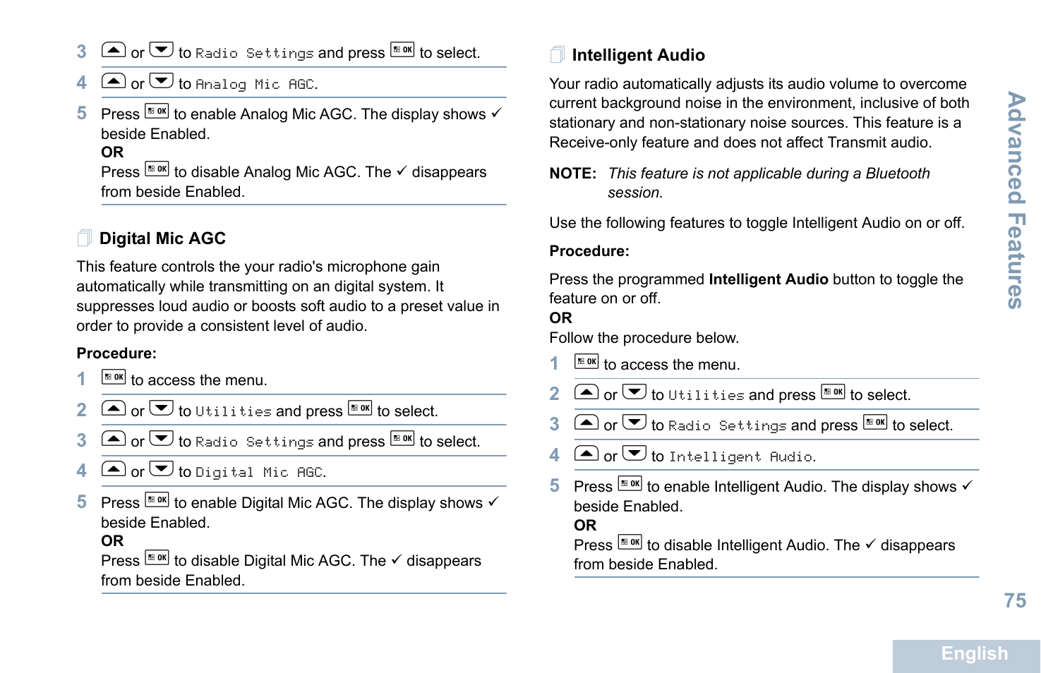 Digital mic agc, Intelligent audio, Digital mic agc intelligent audio | Advanced features | Motorola XPR 5550 User Manual | Page 87 / 118