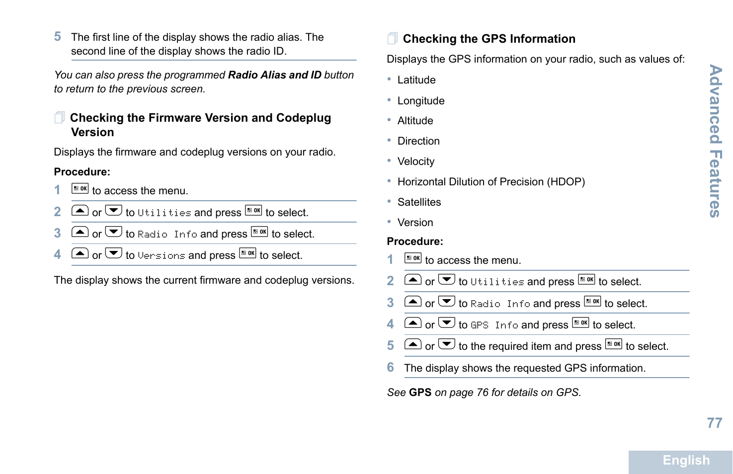 Checking the firmware version and codeplug version, Checking the gps information, Advanced features | Motorola XPR 5550 User Manual | Page 89 / 118
