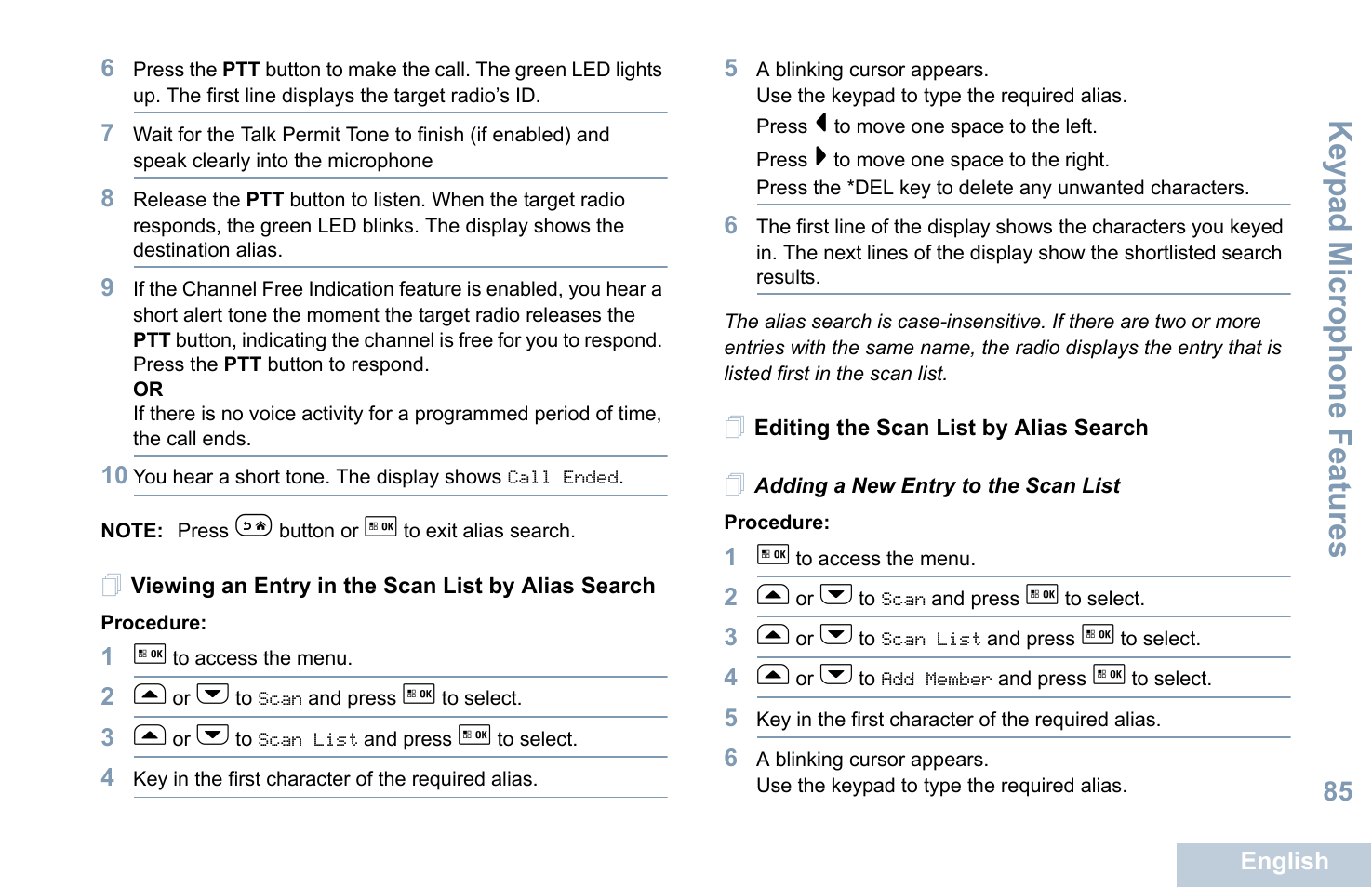 Viewing an entry in the scan list by alias search, Editing the scan list by alias search, Adding a new entry to the scan list | Keyp ad mic rophone fe atures | Motorola XPR 5550 User Manual | Page 96 / 118