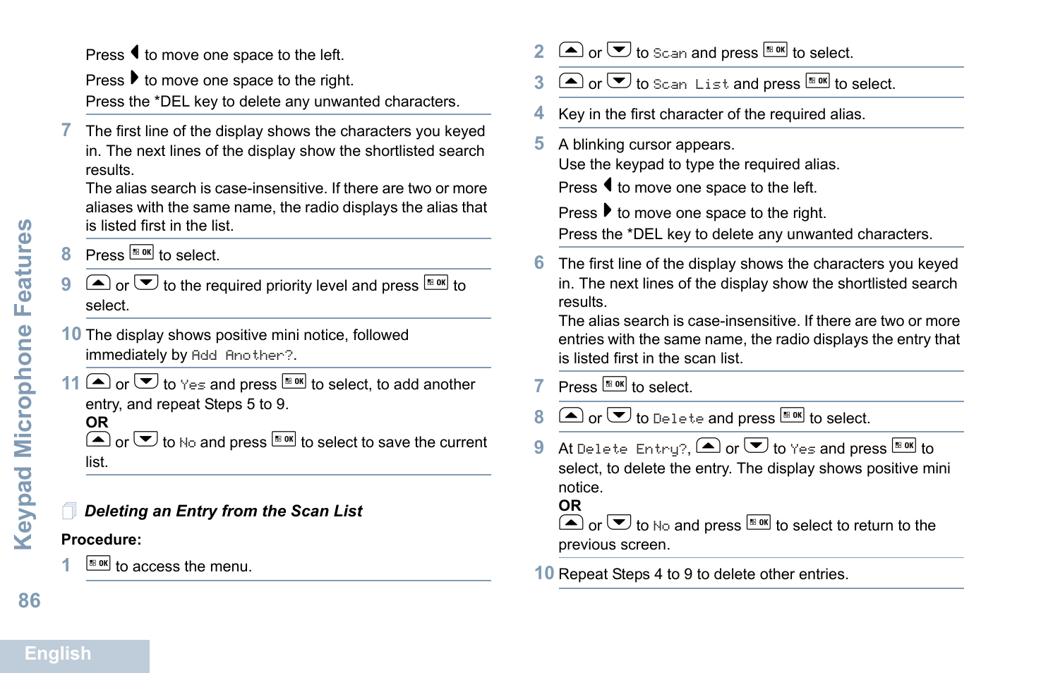 Deleting an entry from the scan list, Keyp ad mic rophone fe ature s | Motorola XPR 5550 User Manual | Page 97 / 118