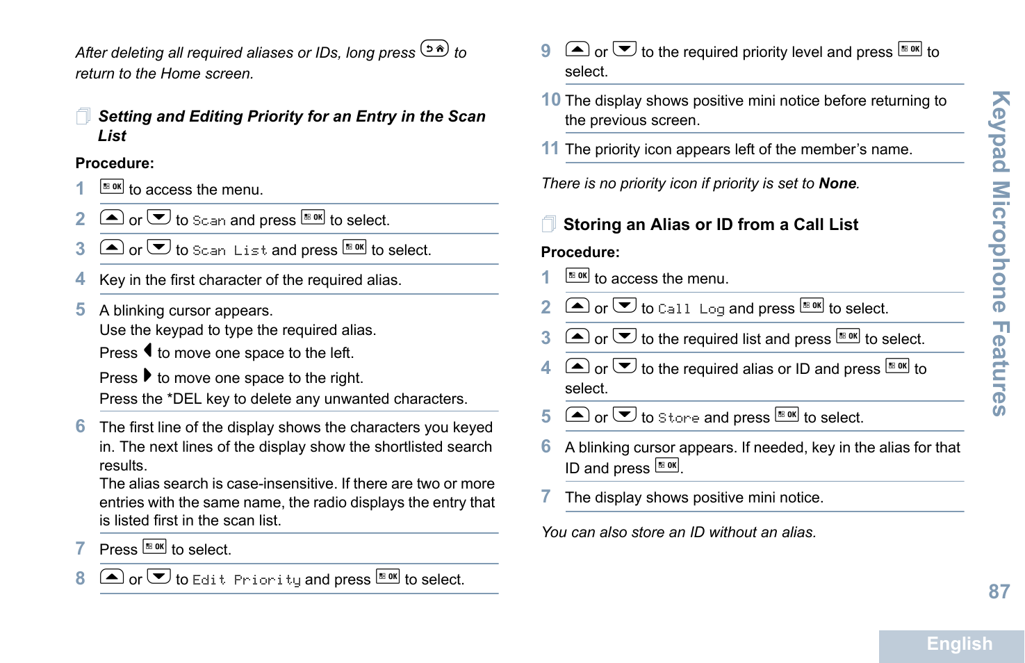 Storing an alias or id from a call list, Keyp ad mic rophone fe atures | Motorola XPR 5550 User Manual | Page 98 / 118