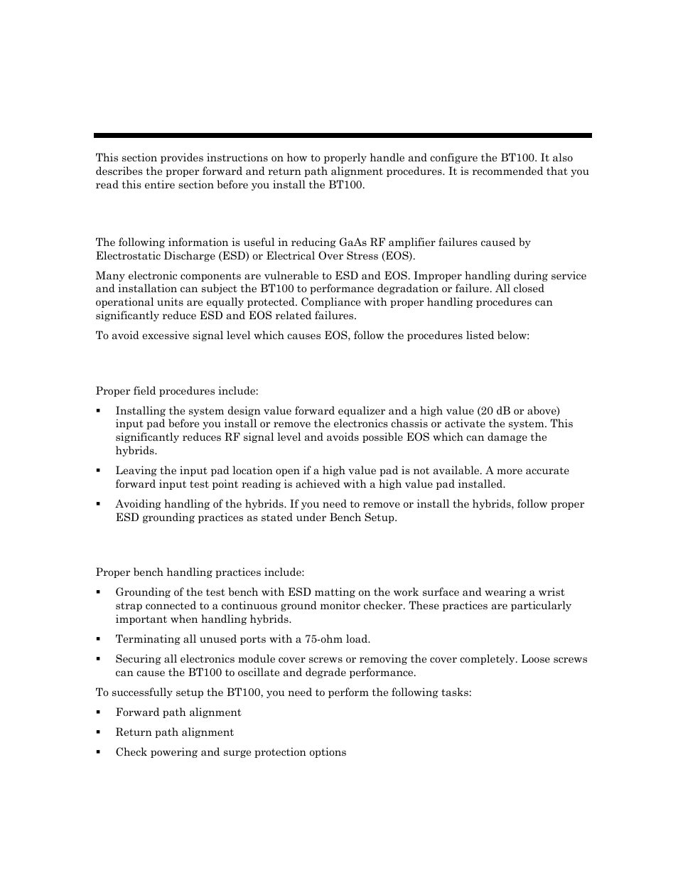 Section 3 amplifier setup, Proper handling procedures, Field practice | Bench setup, Amplifier setup | Motorola BT100 User Manual | Page 26 / 52