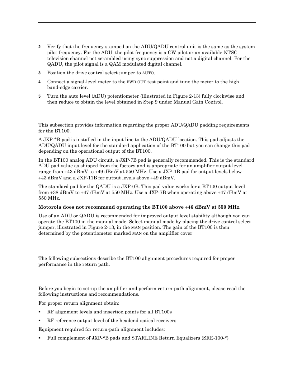 Adu/qadu pads and levels, Return path alignment, Before you begin | Motorola BT100 User Manual | Page 37 / 52