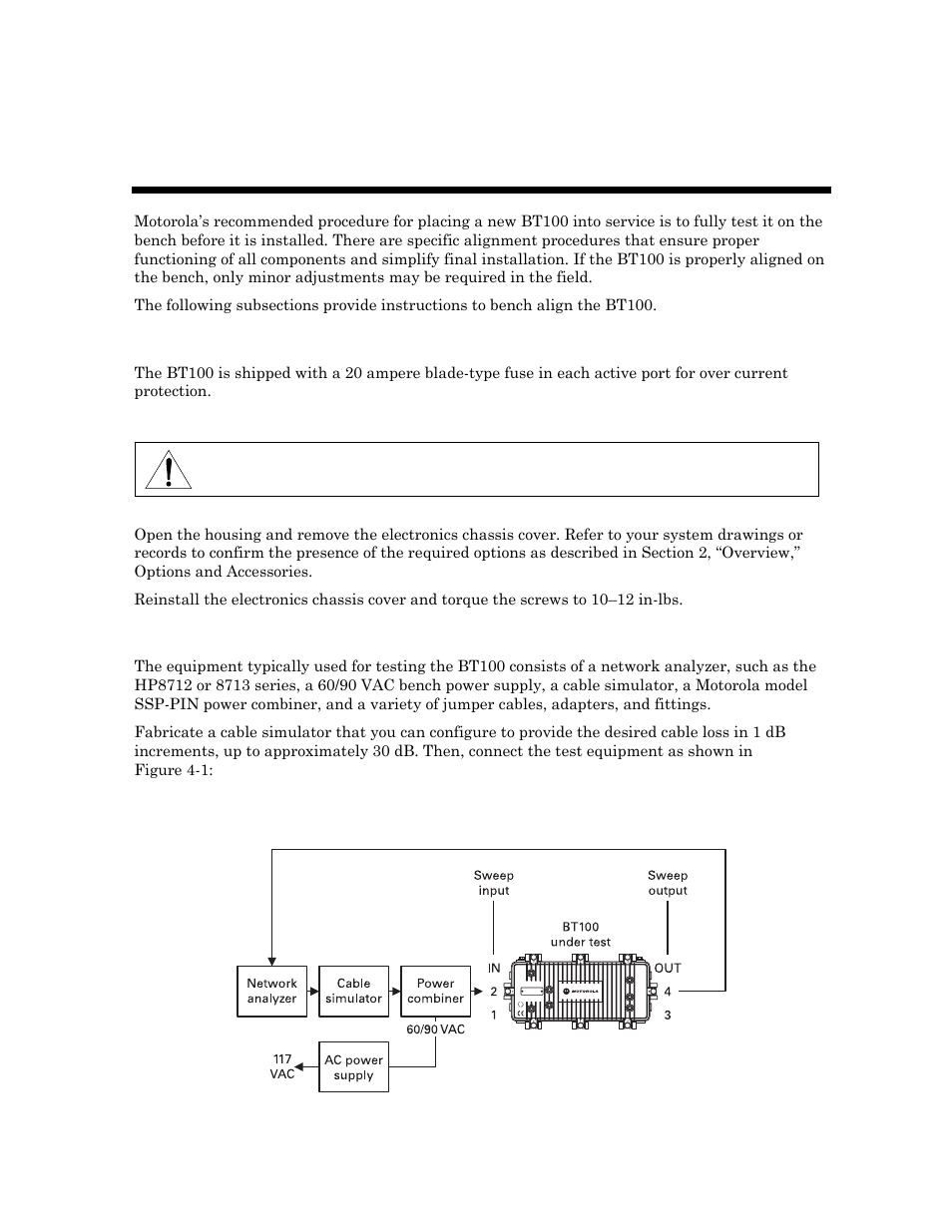 Section 4 bench testing, Test equipment and connections, Bench testing | Before you begin | Motorola BT100 User Manual | Page 40 / 52