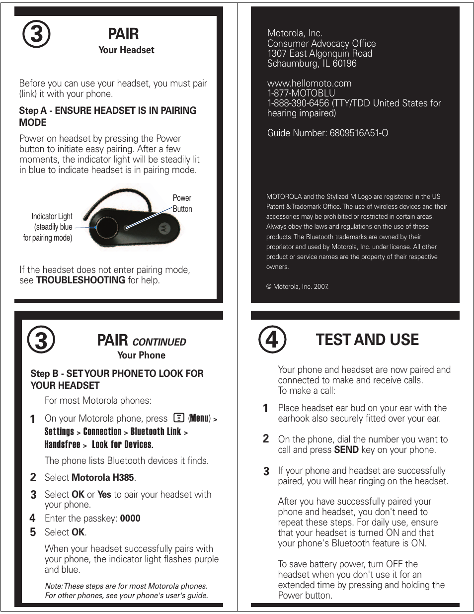 Pair, Test and use | Motorola H385 User Manual | Page 2 / 5