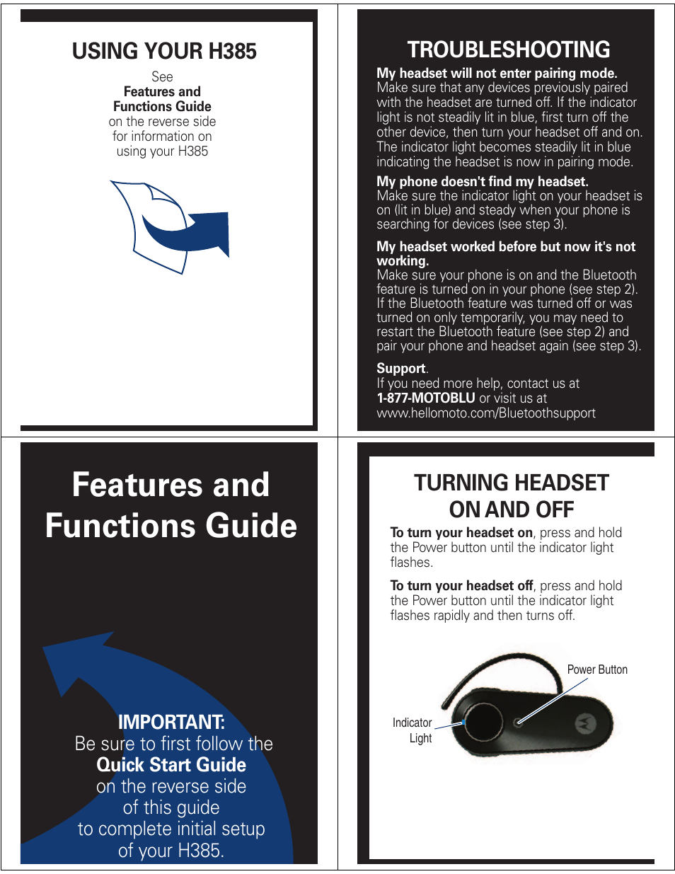 Features and functions guide, Using your h385, Troubleshooting | Turning headset on and off | Motorola H385 User Manual | Page 3 / 5