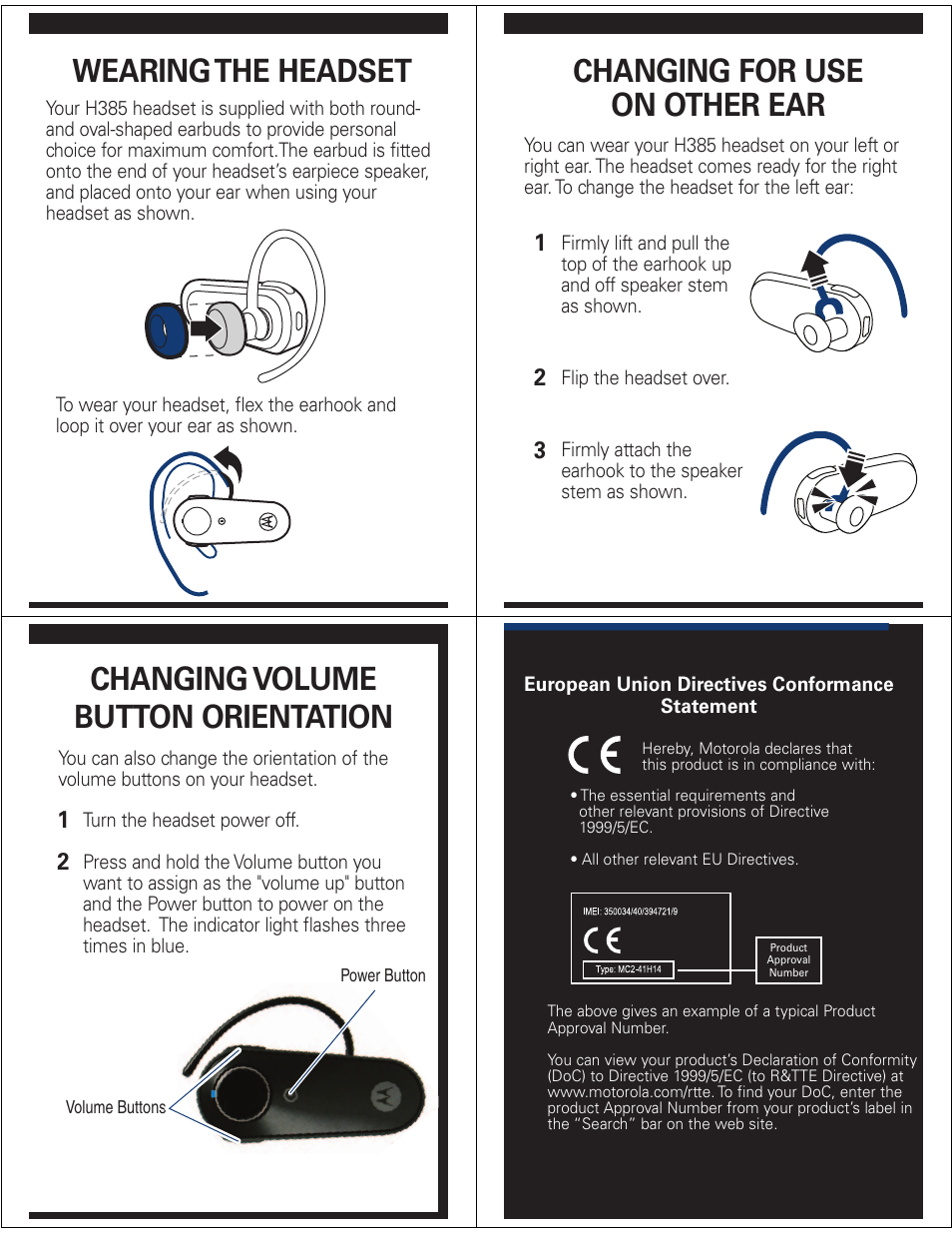Wearing the headset, Changing for use on other ear, Changing volume button orientation | Motorola H385 User Manual | Page 4 / 5