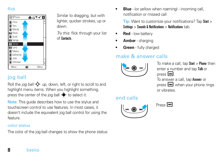 Jog ball, Make & answer calls, End calls | Motorola A3100 User Manual | Page 10 / 68