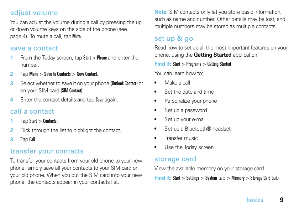 Adjust volume, Save a contact, Call a contact | Transfer your contacts, Set up & go, Storage card | Motorola A3100 User Manual | Page 11 / 68