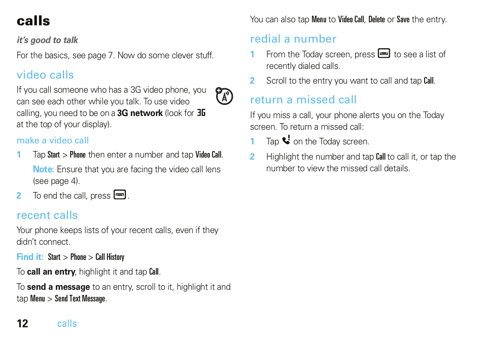 Calls, Video calls, Recent calls | Redial a number, Return a missed call | Motorola A3100 User Manual | Page 14 / 68