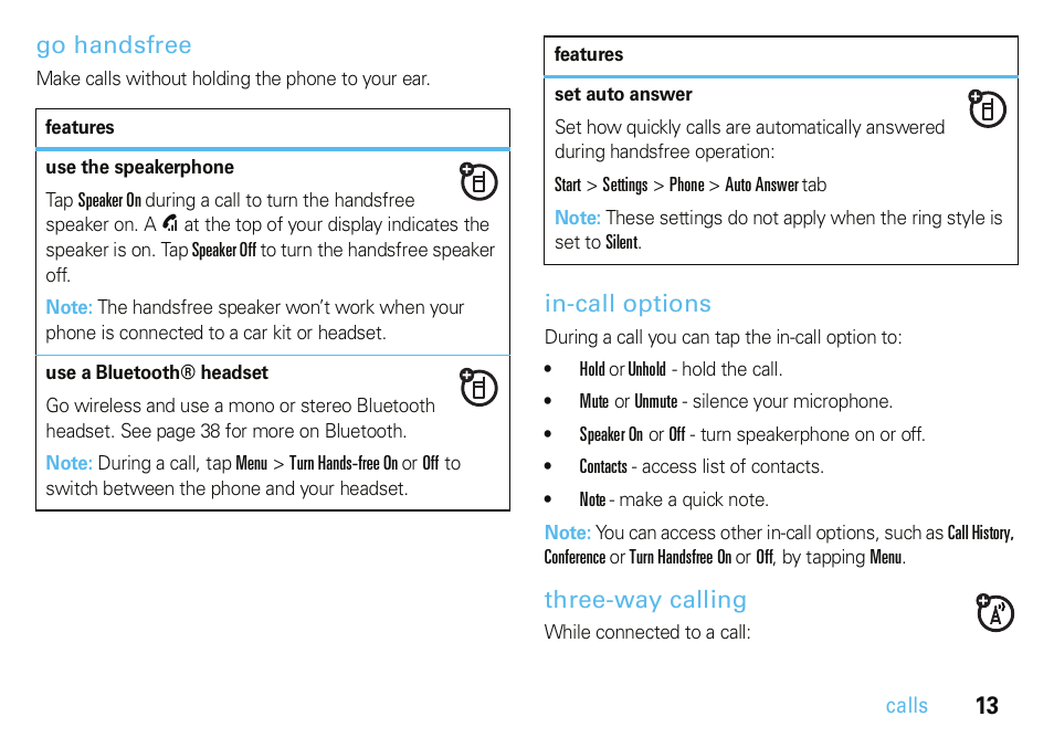 Go handsfree, In-call options, Three-way calling | Motorola A3100 User Manual | Page 15 / 68